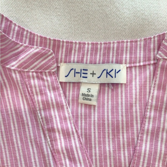 She + Sky Pink & White Stripe Puff Sleeve Mini Sundress Size Small V Neckline - Picture 6 of 12